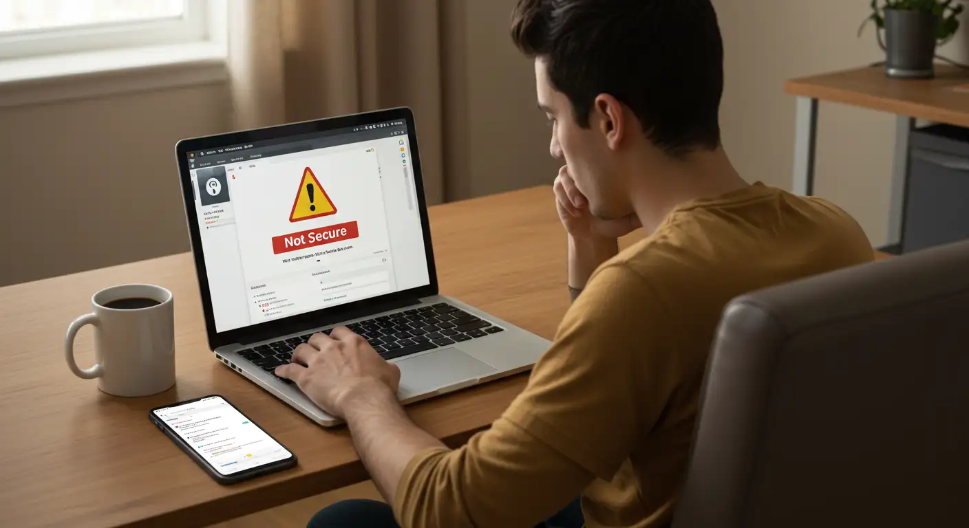 사이트 안전하지 않음으로 생각에 잠긴 남성