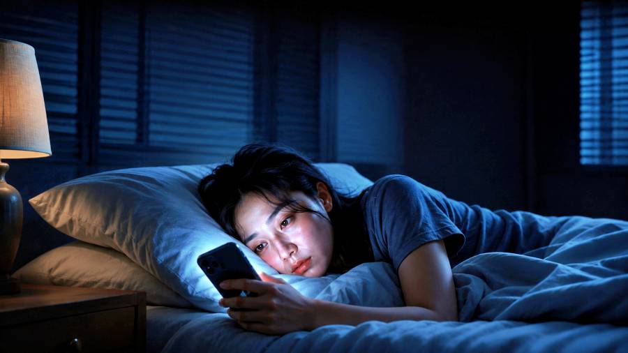 밤 자기 전 스마트폰 하는 여성