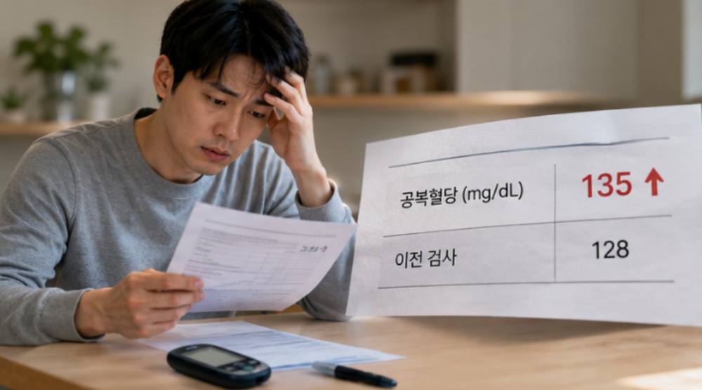 혈당 검사지 받은 남성 공복혈당 135
