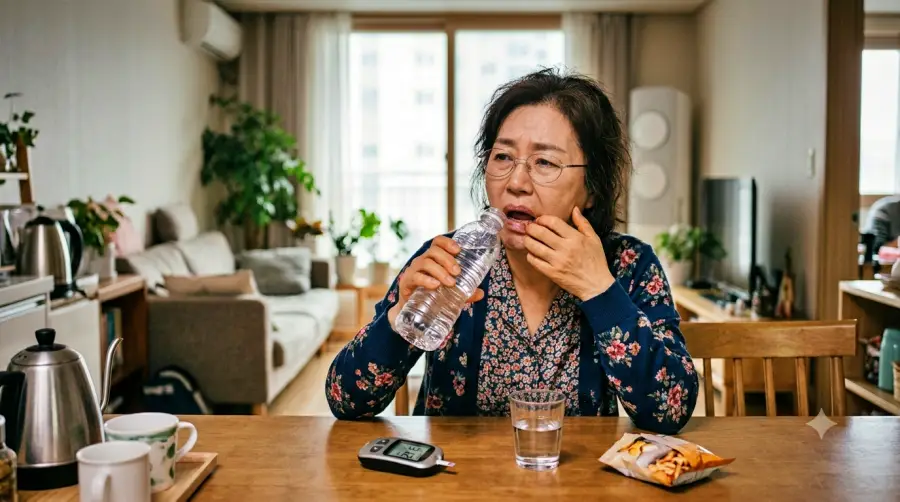 혈당이 올라 입이 마르고 갈증으로 물을 마시는 중년 여성 모습.