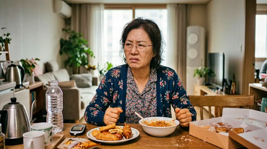 혈당 변화로 금방 배가 고파서 많은 음식을 먹는 중년 여성. 예민해져 있다.